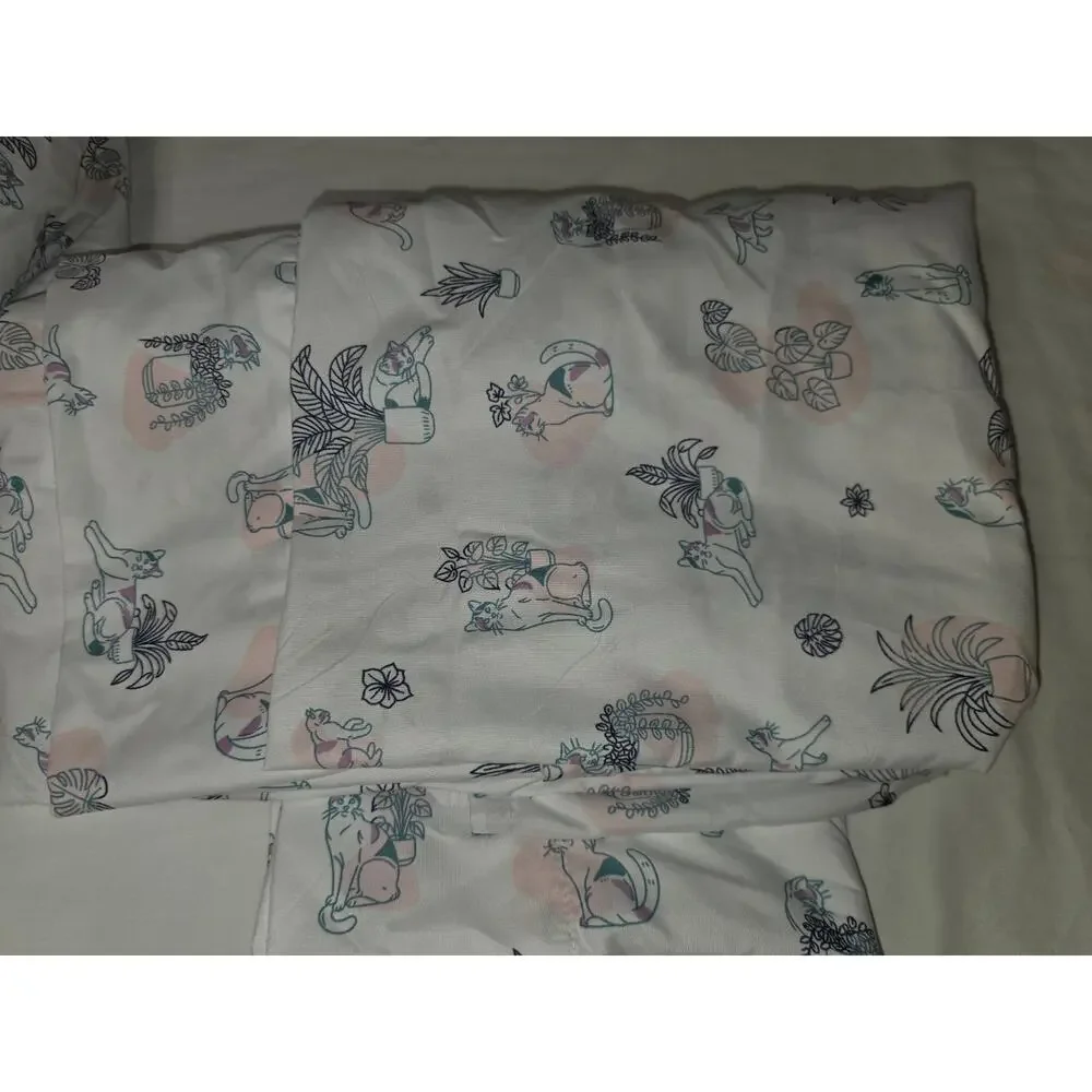 Forever 21 Home Twin XL Sheet Set Cats Plants Pink Teal Dorm Bedding